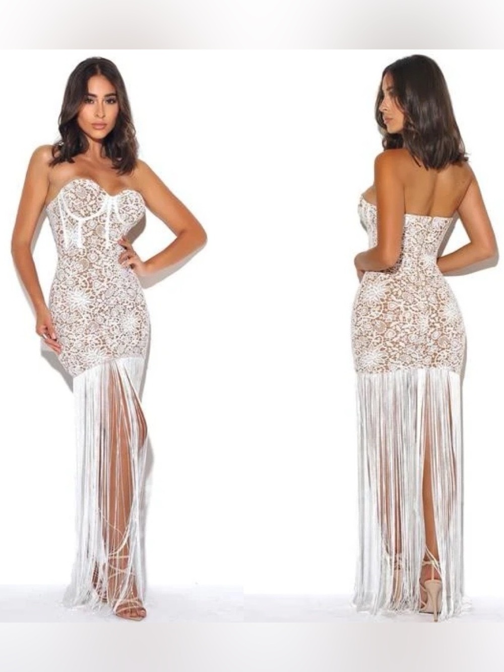 Miss Circle Be the One Dress White Sz M Lace Strapless Fringe Party Statement